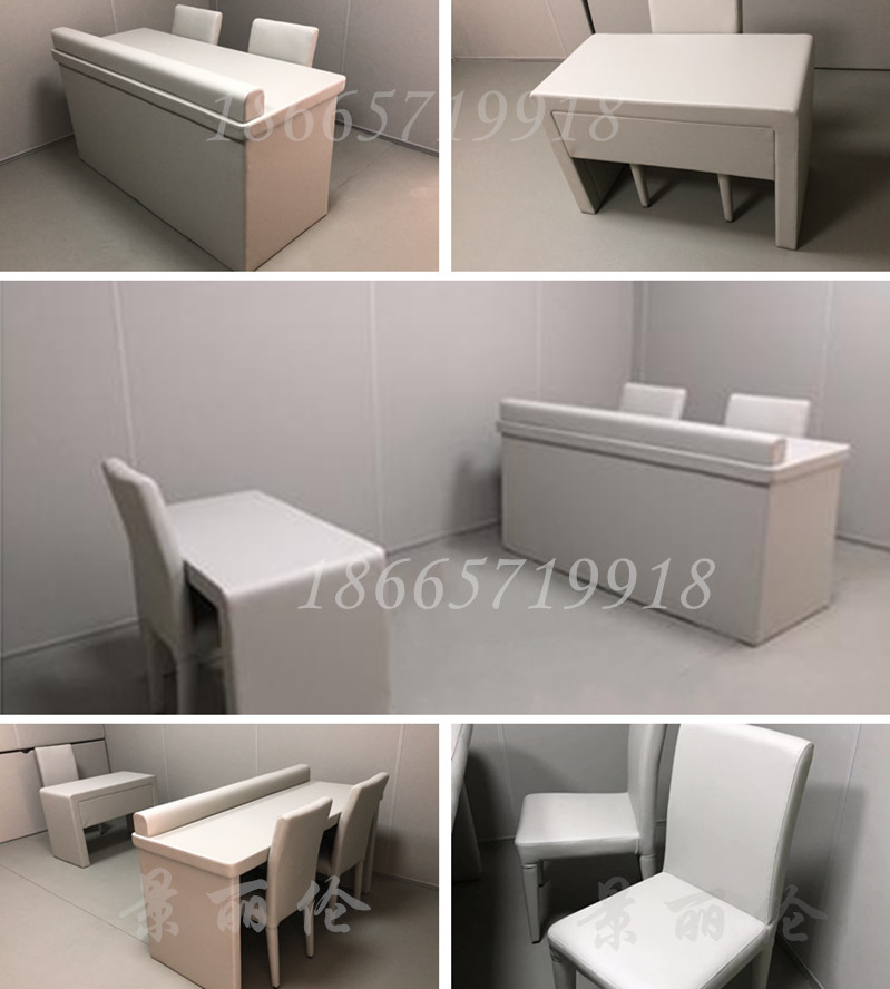 白色皮革软包防撞桌椅组合展示,圆角高密度海绵填充设计,适用于审讯室办案区留置室防撞防自伤