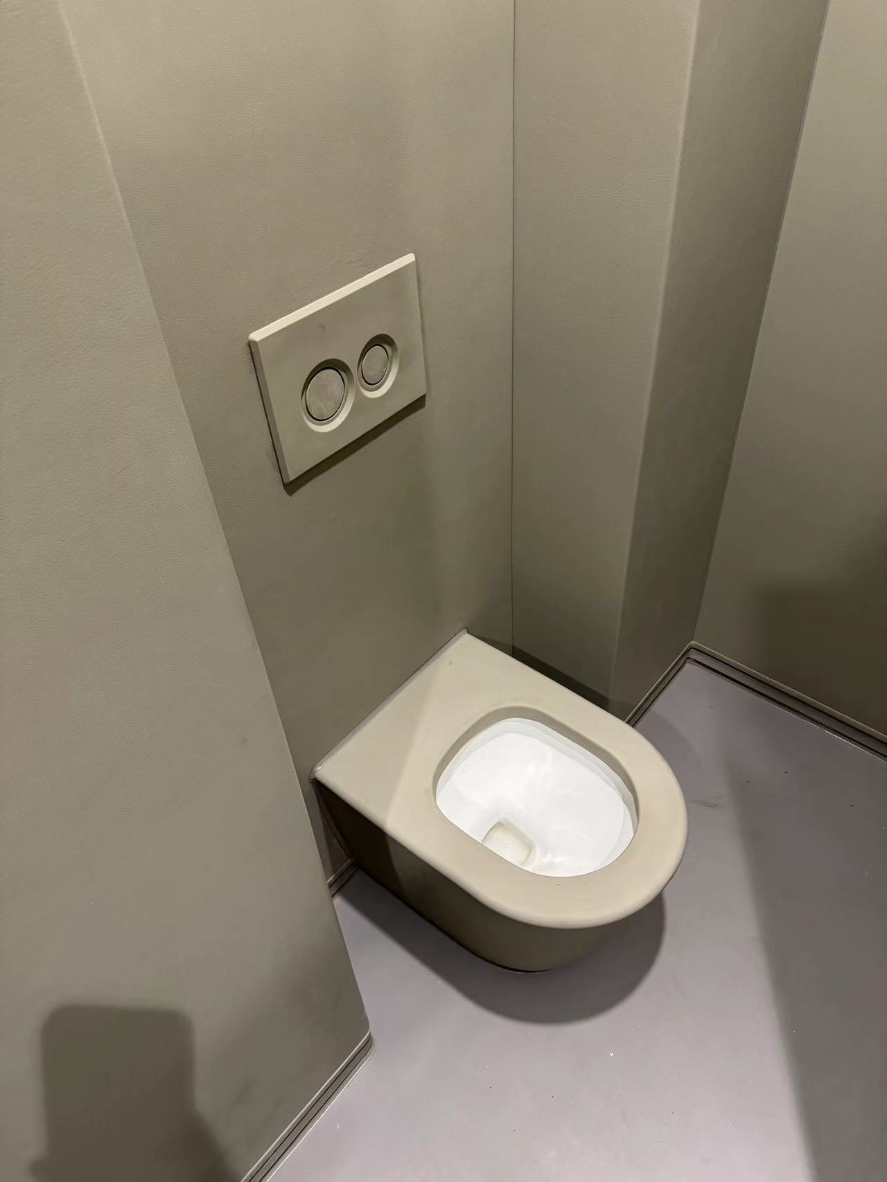 办案区留置室防撞软包墙面搭配防撞蹲便器实景,米色皮革软包包覆高密度海绵墙面,整体防自伤防撞处理